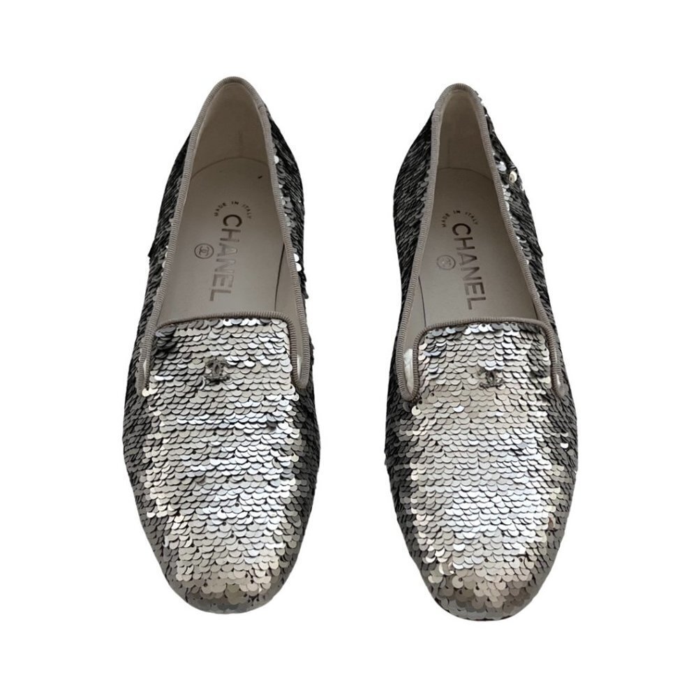 Chanel silver sequin CC smoking slip ons size 38 - Picture 1 of 9